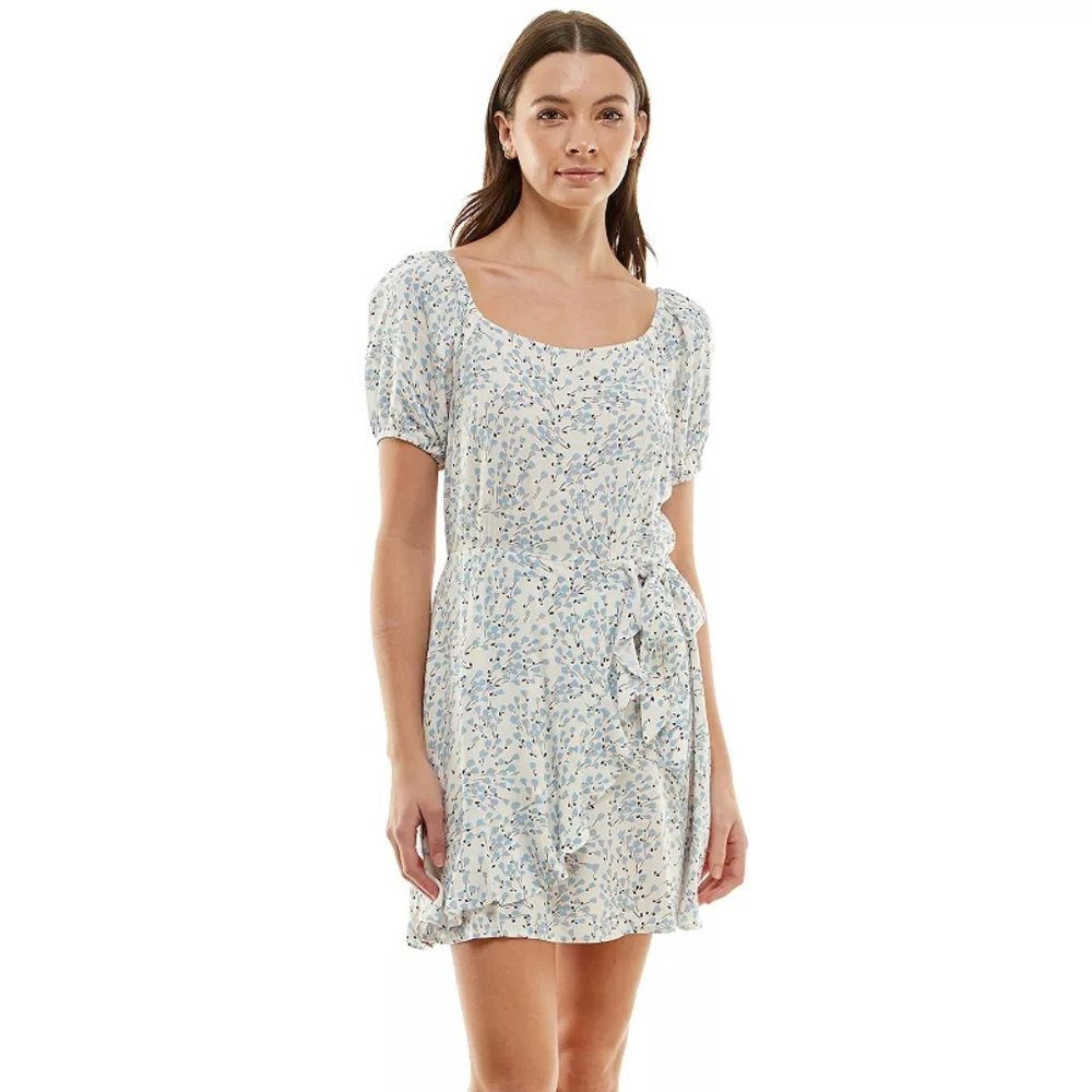 Lily Rose Ruffle Faux-Wrap Skater Dress Ivsko White and Blue Size S New!